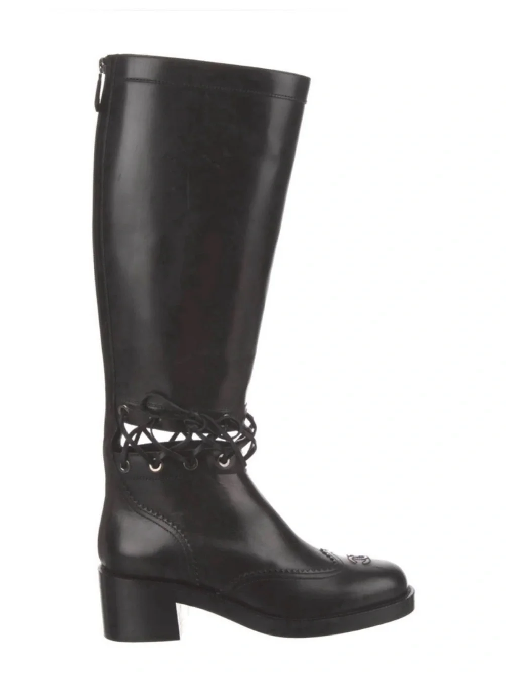CHANEL Lagerfeld Fall 2016 Black Leather Knee High Laced Equestrian Riding Boot